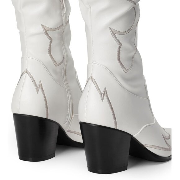 Women White Faux Suede Over The Knee Thigh High Western Pointed Toe Boots - Picture 5 of 7